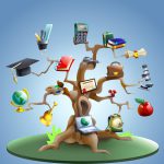 Education and study tree concept with laptop and graduation certificate on blue background cartoon vector illustration