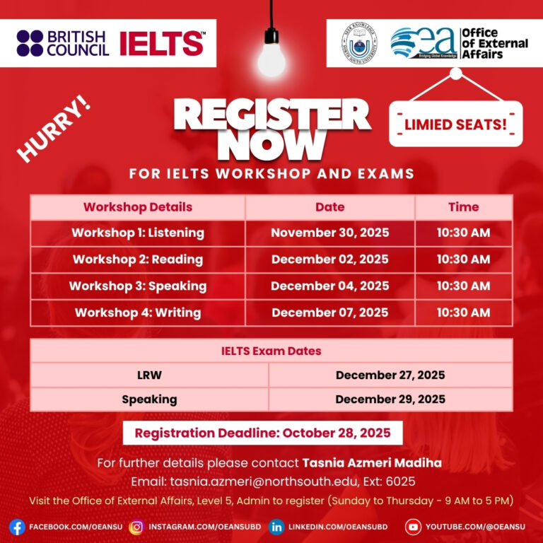 IELTS Exam at NSU Registration Going – Next IELTS exam to be held at NSU on 27th December 2025 (Limited Seats Available!)