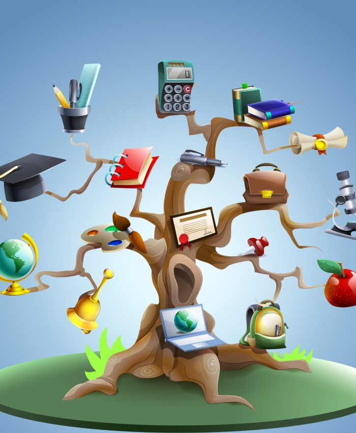 Education and study tree concept with laptop and graduation certificate on blue background cartoon vector illustration