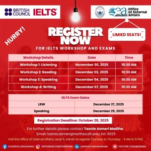 IELTS Exam at NSU Registration Going – Next IELTS exam to be held at NSU on 27th December 2025 (Limited Seats Available!)